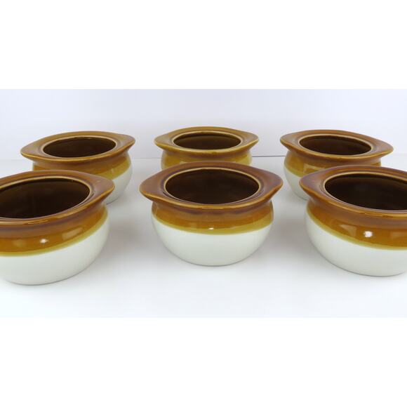 Vintage Rego Brown Drip Glaze Crock Bowls w/ Handles C067-27 — Set of 6 - Picture 3 of 10